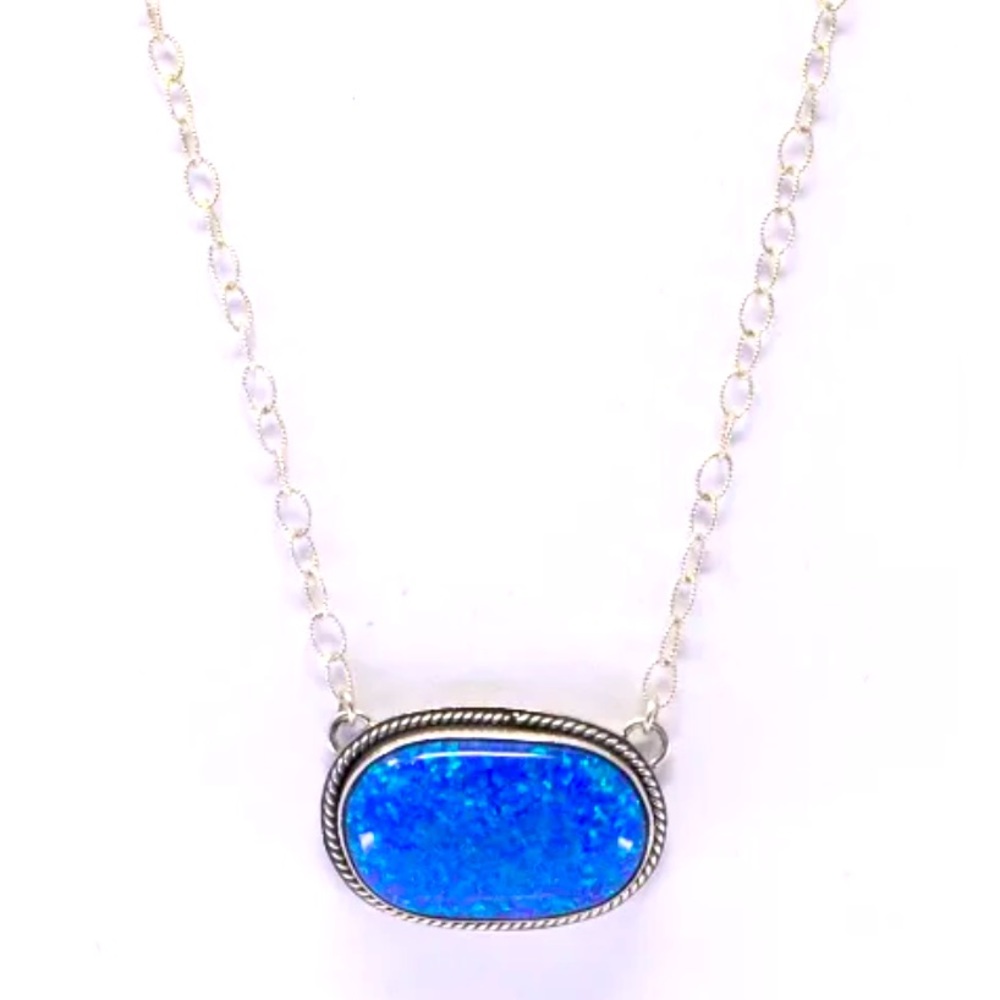 Blue Opal Sterling silver Native American hand made pendant necklace - New